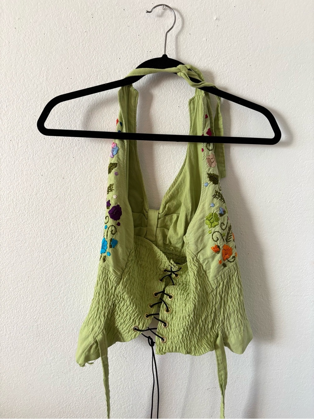 Vintage 70s embroidered green floral halter top shirt corset lace up boho - Picture 3 of 3